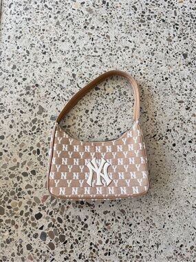 Yankees MLB Monogram Beige Shoulder Hobo Bag with White Logo